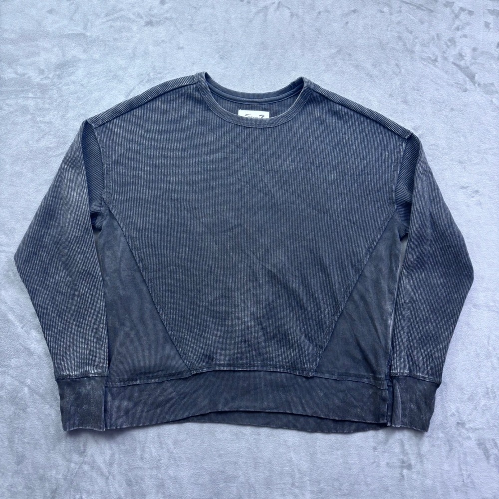 Seven7 Mens Thermal Knit Waffle Pullover Crewneck Faded Black S